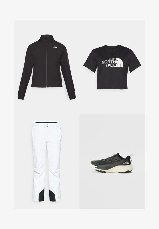 Schwarze Zip-Jacke mit hohem Kragen, strukturiertem Stoff und Logo auf der linken Brust. Verfügt über lange Ärmel und eine taillierte Passform.; Schwarzes, tailliertes T-Shirt aus Baumwolle mit einem weißen Logo mit geschwungenen Akzenten und dem Text "THE NORTH FACE" auf der Vorderseite. Kurze Ärmel, Rundhalsausschnitt.; Weiße Schneehosen mit einem schlanken Design, ausgestattet mit zwei Fronttaschen, verstärkten schwarzen unteren Paneelen und einem Knopfverschluss am Bund.; Schwarzer Sportschuh mit strukturiertem Obermaterial, ausgestattet mit grauen Akzenten und einer weißen Zwischensohle. Enthält eine Zuglasche und ein markantes Markenlogo an der Ferse.