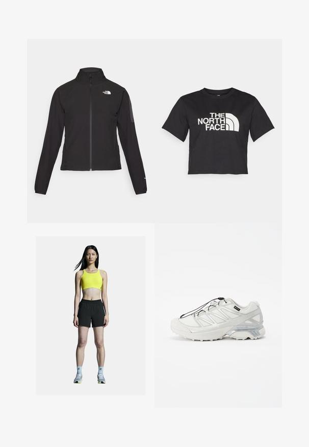Fekete, cipzáros dzseki magas gallérral, texturált anyagból, bal mellen logóval. Hosszú ujjak és testhezálló fazon jellemzi.; Fekete, vágott ujjú, pamut póló, fehér logóval, amely ívelt díszítéseket és a "THE NORTH FACE" feliratot tartalmazza az elején. Rövid ujjú, kerek nyakú.; Sárga sportmelltartó, cropped fazonnal, fekete sportnadrággal párosítva. Szürke cipők sárga részletekkel és világoskék zoknik.; Fehér sportcipő strukturált hálós felsőrésszel, fényvisszaverő részletekkel és párnázott talppal. Rugalmas fűzőkkel és szürke díszítéssel rendelkezik.