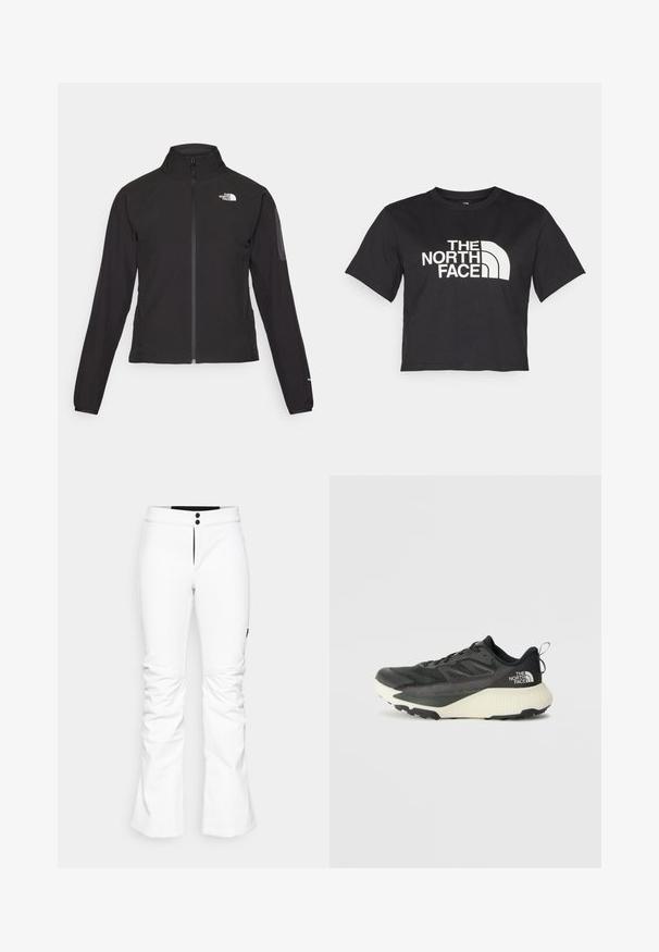 Μαύρο σακάκι με φερμουάρ και ψηλό γιακά, υφασμάτινη επιφάνεια και λογότυπο στο αριστερό στήθος. Διαθέτει μακριά μανίκια και εφαρμοστή σχεδίαση.; Μαύρο κοντό μπλουζάκι φτιαγμένο από βαμβάκι, με λευκό λογότυπο με καμπυλωτές λεπτομέρειες και κείμενο "THE NORTH FACE" στο μπροστινό μέρος. Κοντά μανίκια, στρογγυλή λαιμόκοψη.; Λευκό σορτσάκι σκι με εφαρμοστή σχεδίαση, διαθέτοντας κλείσιμο με δύο κουμπιά, μπροστινό φερμουάρ και φαρδύ στρίφωμα. Φτιαγμένο από υφασμάτινη, ανθεκτική υφή.; Μαύρο αθλητικό παπούτσι με υφή στο επάνω μέρος, διαθέτει γκρι λεπτομέρειες και λευκή ενδιάμεση σόλα. Περιλαμβάνει ετικέτα έλξης και έντονο λογότυπο μάρκας στη φτέρνα.