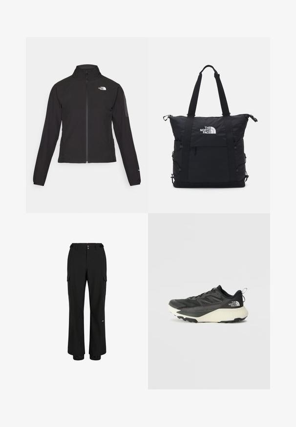 Crna jakna na zip s visokim ovratnikom, teksturirana tkanina i logotip na lijevoj strani prsiju. Ima duge rukave i uski kroj.; Crni kratki majica od pamuka s bijelim logotipom s zakrivljenim naglasima i tekstom "THE NORTH FACE" sprijeda. Kratki rukavi, okrugli ovratnik.; Crne cargo hlače napravljene od lagane tkanine; imaju dva prednja džepa, dva bočna cargo džepa i elastične manžete na gležnjevima.; Crna atletska cipela s teksturiranim gornjim dijelom, sivim detaljima i bijelim međuslojem. Ima držač i istaknutu marku na peti.; Crna torba s jastučićima, zatvaranje na vrhu sa zipom, duple kratke ručke i logo sprijeda; s bočnim džepovima i podesivim trakama.