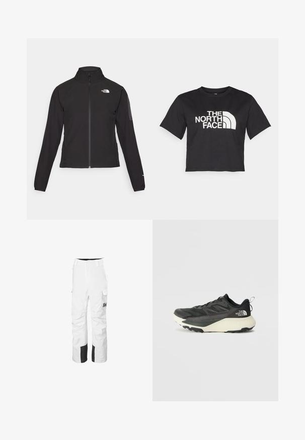 Zwarte zip-up jas met een hoge kraag, textuurstof en een logo op de linker borst. Beschikt over lange mouwen en een slim fit ontwerp.; Zwarte cropped t-shirt gemaakt van katoen, met een wit logo met gebogen accenten en de tekst "THE NORTH FACE" op de voorkant. Korte mouwen, ronde hals.; Witte skibroek met zwarte accenten, gemaakt van waterdicht materiaal. Voorzien van cargozakken en een rechte pasvorm. Logo op de linkerdij.; Zwarte sportieve schoen met een gestructureerde bovenkant, voorzien van grijze accenten en een witte tussenzool. Inclusief een trekhaak en een opvallend merklogo op de hiel.