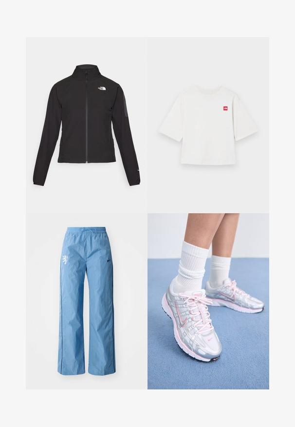 Casaco preto com fecho zip e gola alta, em tecido texturizado, com logo no lado esquerdo do peito. Apresenta mangas longas e um design ajustado.; T-shirt branca de manga curta, feita de algodão. Apresenta um pequeno logotipo quadrado vermelho na área do peito esquerdo. Corte reto. Textura suave.; Calças largas de tom azul claro, feitas de um tecido texturizado, com uma faixa lateral preta e uma ilustração de um leão branco na parte da frente. Inclui cintura elástica.; Sapatos de corrida Nike com um upper de malha prateada com detalhes em rosa, atacadores brancos e uma sola texturizada. Usados com meias de algodão brancas para desporto.
