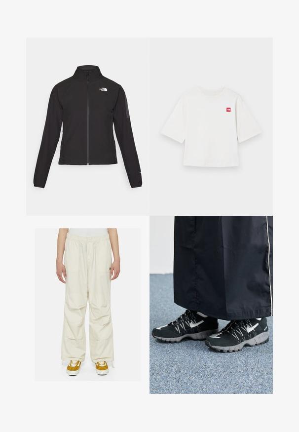 Svart zip-up jakke med høy krage, teksturert stoff, og logo på venstre bryst. Har lange ermer og en tettsittende design.; Hvit kortermet t-skjorte laget av bomull. Har en liten rød firkant-logo på venstre brystområde. Rett snitt. Myk tekstur.; Kremfargede cargo-bukser med løs passform, elastisk midje og flere lommer. Brukt sammen med brune og hvite sneakers på en hvit bakgrunn.; Svarte treningssko med teksturert overdel, sølv detaljer og mønstrete såle, sammen med et svart langt plagg. Plassert på et blått teppe.