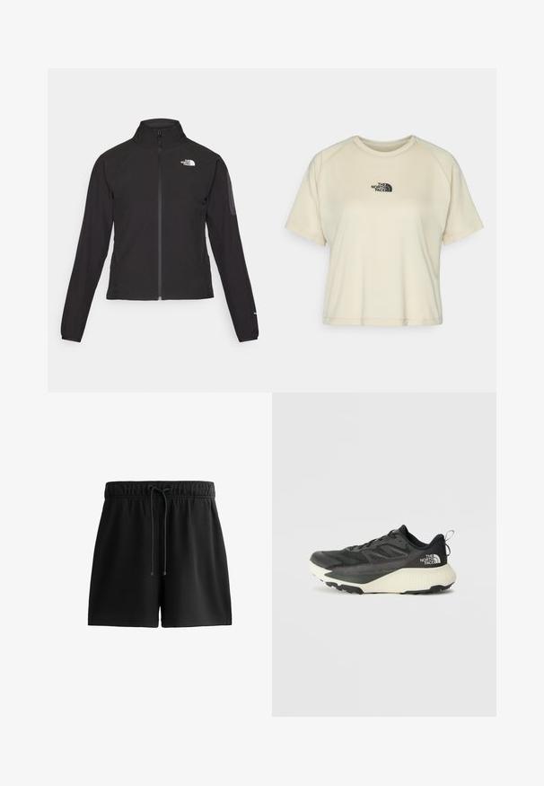 Crna jakna na zip s visokim ovratnikom, teksturirana tkanina i logotip na lijevoj strani prsiju. Ima duge rukave i uski kroj.; Krem bež majica kratkih rukava s okruglim izrezom i raglan rukavima. Sadrži crni izvezeni logo na gornjem dijelu prsnog koša.; Crne kratke hlače od mekog materijala, s elastičnim pojasom i vezicom, bočnim džepovima i jednostavnim, profinjenim dizajnom.; Crna atletska cipela s teksturiranim gornjim dijelom, sivim detaljima i bijelim međuslojem. Ima držač i istaknutu marku na peti.