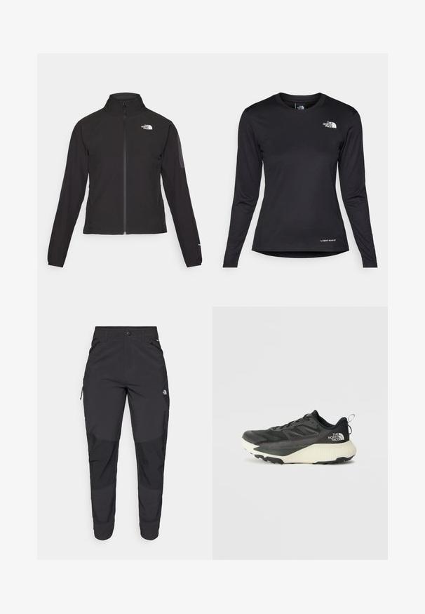 Black zip-up jacket with a high collar, textured fabric, and logo on the left chest. Features long sleeves and a fitted design.; The North Face SHADOW LONG SLEEVE - Long sleeved top - black; Black outdoor pants made of durable fabric. Feature zippered pockets, reinforced knee panels, and a straight cut design for mobility.; Black athletic shoe with a textured upper, featuring gray accents and a white midsole. Includes a pull tab and prominent brand logo on the heel.