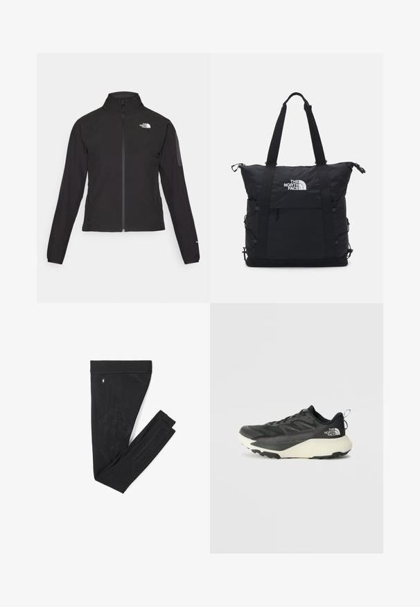 Czarna kurtka zapinana na zamek z wysokim kołnierzem, teksturowana tkanina i logo na lewej piersi. Posiada długie rękawy i dopasowany krój.; The North Face - Bluzka z długim rękawem; Czarne legginsy z teksturowanym wzorem w kształcie diamentów. Wykonane z elastycznego materiału, mają szeroką talię i bezszwowe boki.; Czarne sportowe buty z teksturowaną cholewką, z szarymi akcentami i białą podeszwą środkową. Zawierają pętelkę do zakładania oraz wyraźne logo marki na pięcie.; Czarna torba tote z wyściełanym wzornictwem, zamknięciem na zamek błyskawiczny na górze, dwoma krótkimi uchwytami oraz logo z przodu; posiada boczne kieszenie i regulowane paski.