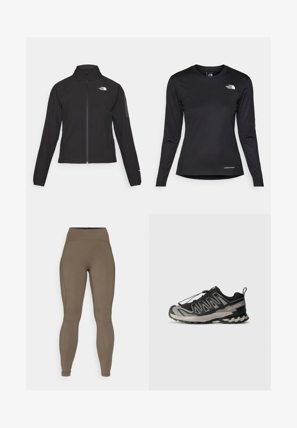 Crna jakna na zip s visokim ovratnikom, teksturirana tkanina i logotip na lijevoj strani prsiju. Ima duge rukave i uski kroj.; The North Face SHADOW LONG SLEEVE - Top dugih rukava - black; Visoke smeđe tajice od glatkog, rastezljivog materijala s pojačanim šavovima i prilagođenim oblikom, idealne za aktivno nošenje.; Crno-siva atletska cipela s mrežastim gornjim dijelom, gumenim potplatom i elastičnim sistemom vezanja. Ima pojačani vrh i strukturirane detalje.
