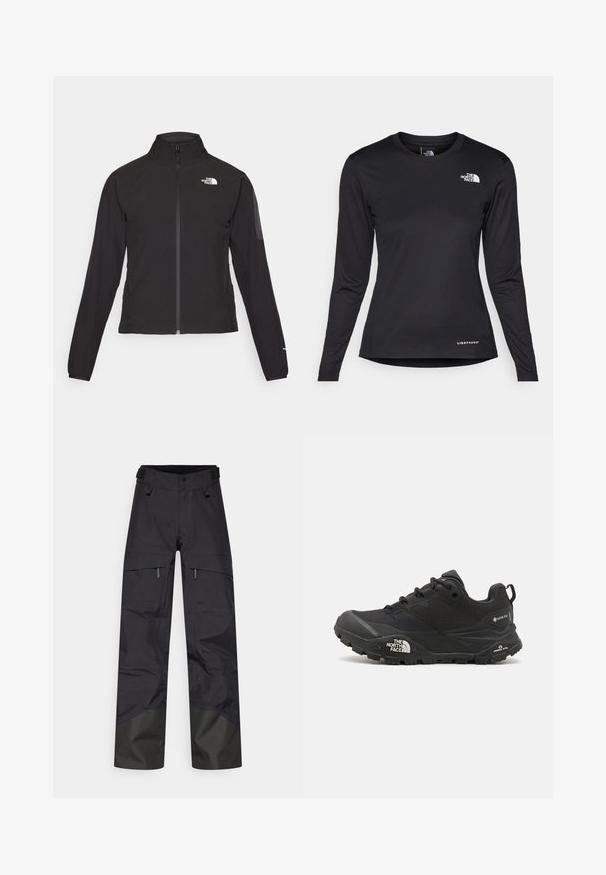 Giacca nera con zip e colletto alto, tessuto testurizzato e logo sul lato sinistro del petto. Presenta maniche lunghe e un design aderente.; The North Face SHADOW LONG SLEEVE - Maglietta a manica lunga - black; Pantaloni impermeabili neri con vestibilità ampia, dotati di due tasche frontali, vita regolabile e tessuto più scuro alle caviglie per una maggiore durata.; Scarpa da trekking nera con una tomaia texturizzata, chiusura con lacci e una suola di gomma spessa che presenta un logo prominente sul lato e disegni del battistrada.