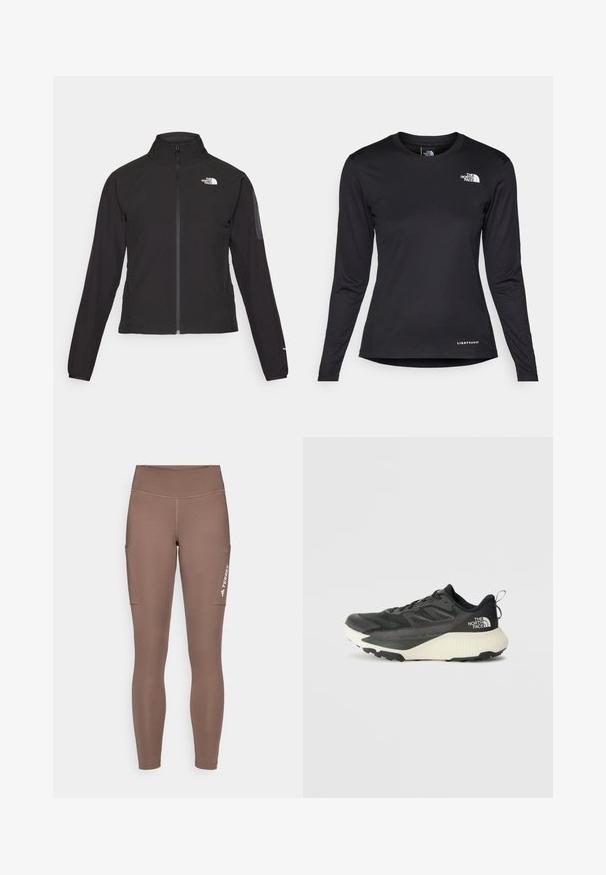 Jachetă neagră cu fermoar și guler înalt, din material texturat, cu logo pe partea stângă a pieptului. Prezintă mâneci lungi și un design ajustat.; The North Face SHADOW LONG SLEEVE - Bluză cu mânecă lungă - black; Leggings atletice maro cu talie înaltă, dotate cu buzunare laterale și un logo alb. Material neted și elastic pentru confort și mobilitate.; Pantofii sport negri cu un superior texturat, având accente gri și o talpă intermediară albă. Include un sistem de prindere și un logo de marcă proeminent pe călcâi.