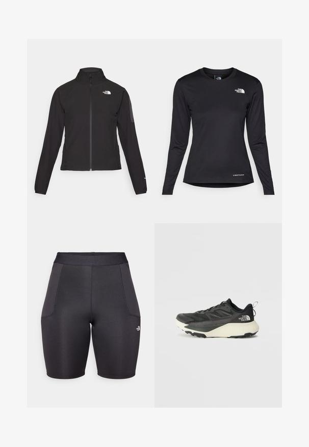 Fekete, cipzáros dzseki magas gallérral, texturált anyagból, bal mellen logóval. Hosszú ujjak és testhezálló fazon jellemzi.; The North Face SHADOW LONG SLEEVE - Hosszú ujjú felső - black; Fekete sportnadrág sima, rugalmas anyagból. Magas derékkal és oldalsó zsebekkel rendelkezik. Logó részletek a bal alsó oldalon.; Fekete sportcipő, texturált felsőrésszel, szürke kiegészítőkkel és fehér középtalppal. Húzófüllel és kiemelkedő márkalandírral a sarkán.