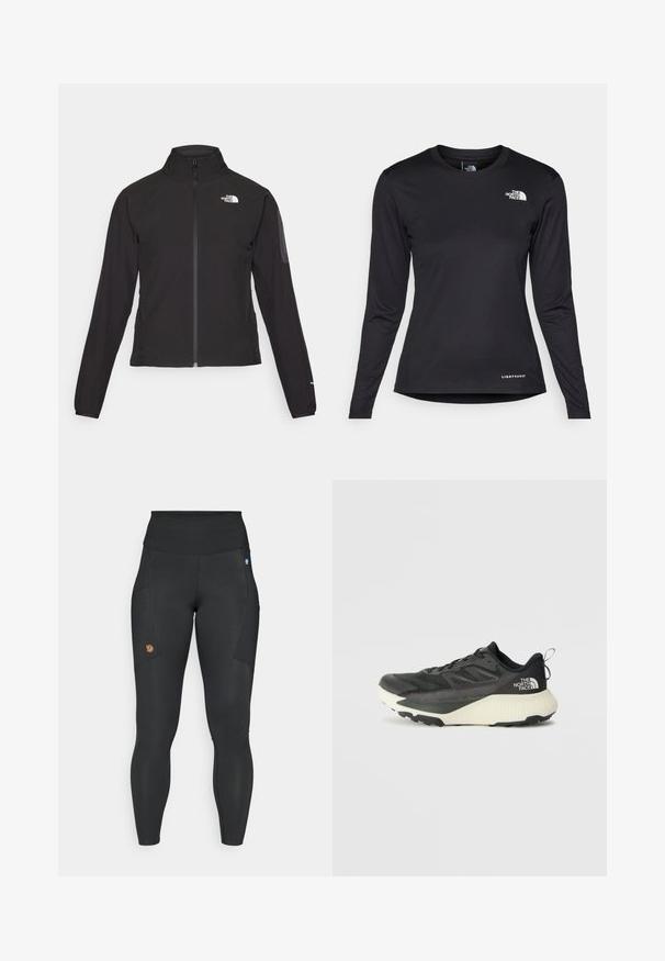 Zwarte zip-up jas met een hoge kraag, textuurstof en een logo op de linker borst. Beschikt over lange mouwen en een slim fit ontwerp.; The North Face SHADOW LONG SLEEVE - Longsleeve - black; Zwarte leggings van rekbaar materiaal met een hoge tailleband, zijzakken en een klein bruin logo op de linker bovenbeen.; Zwarte sportieve schoen met een gestructureerde bovenkant, voorzien van grijze accenten en een witte tussenzool. Inclusief een trekhaak en een opvallend merklogo op de hiel.
