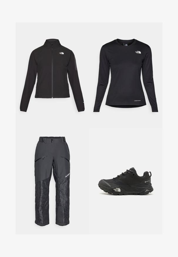 Zwarte zip-up jas met een hoge kraag, textuurstof en een logo op de linker borst. Beschikt over lange mouwen en een slim fit ontwerp.; The North Face SHADOW LONG SLEEVE - Longsleeve - black; Zwarte skibroek met textuur in de lagere panelen, elastische tailleband, voorzakken met rits en logo-detail aan de zijkant. Duurzaam, waterafstotend materiaal.; Zwarte wandelschoen met een gestructureerde bovenkant, vetersluiting en een stevige rubberen zool met een opvallend logo aan de zijkant en profielpatronen.