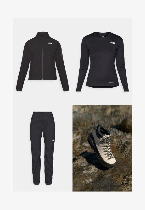 Casaco preto com fecho zip e gola alta, em tecido texturizado, com logo no lado esquerdo do peito. Apresenta mangas longas e um design ajustado.; The North Face SHADOW LONG SLEEVE - Camisola de manga comprida - black; Calças pretas para exterior, feitas de tecido leve, com fecho de botão, bolsos com fecho éclair e um pequeno logotipo na coxa esquerda.; Bota de caminhada de um bege claro com sola de borracha preta, parte superior flexível, ilhós de metal e atacadores cinzentos, posicionada sobre uma superfície rochosa.