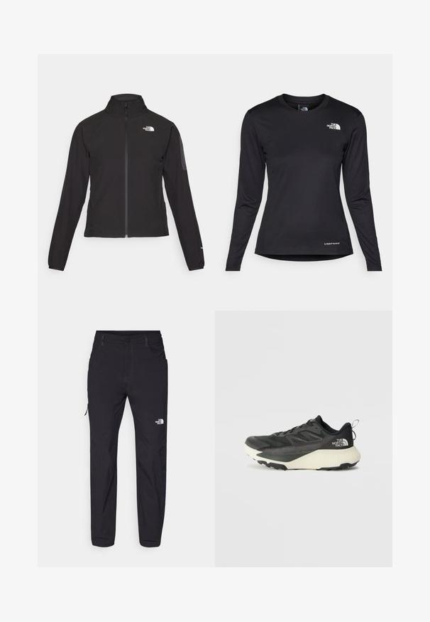 Μαύρο σακάκι με φερμουάρ και ψηλό γιακά, υφασμάτινη επιφάνεια και λογότυπο στο αριστερό στήθος. Διαθέτει μακριά μανίκια και εφαρμοστή σχεδίαση.; The North Face SHADOW LONG SLEEVE - Μπλούζα με μακριά μανίκια - black; Μαύρο παντελόνι πεζοπορίας από ανθεκτικό ύφασμα, με ίσιο σχέδιο ποδιού, πλαϊνές τσέπες και ένα μικρό λευκό λογότυπο στο κάτω μέρος του ποδιού.; Μαύρο αθλητικό παπούτσι με υφή στο επάνω μέρος, διαθέτει γκρι λεπτομέρειες και λευκή ενδιάμεση σόλα. Περιλαμβάνει ετικέτα έλξης και έντονο λογότυπο μάρκας στη φτέρνα.