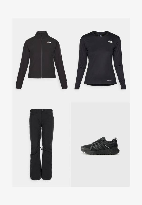 Schwarze Zip-Jacke mit hohem Kragen, strukturiertem Stoff und Logo auf der linken Brust. Verfügt über lange Ärmel und eine taillierte Passform.; The North Face SHADOW LONG SLEEVE - Langarmshirt - black; Schwarze Skihosen aus strapazierfähigem Material mit geradem Bein, zwei Seitentaschen und verstellbaren Bündchen mit Drawstrings.; Columbia PEAKFREAK - Hikingschuh - black