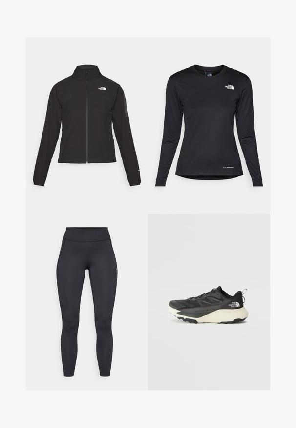 Black zip-up jacket with a high collar, textured fabric, and logo on the left chest. Features long sleeves and a fitted design.; The North Face SHADOW LONG SLEEVE - Long sleeved top - black; Black athletic leggings with a high waistband, smooth texture, and side pockets. Features visible stitching and a brand logo on the leg.; Black athletic shoe with a textured upper, featuring gray accents and a white midsole. Includes a pull tab and prominent brand logo on the heel.