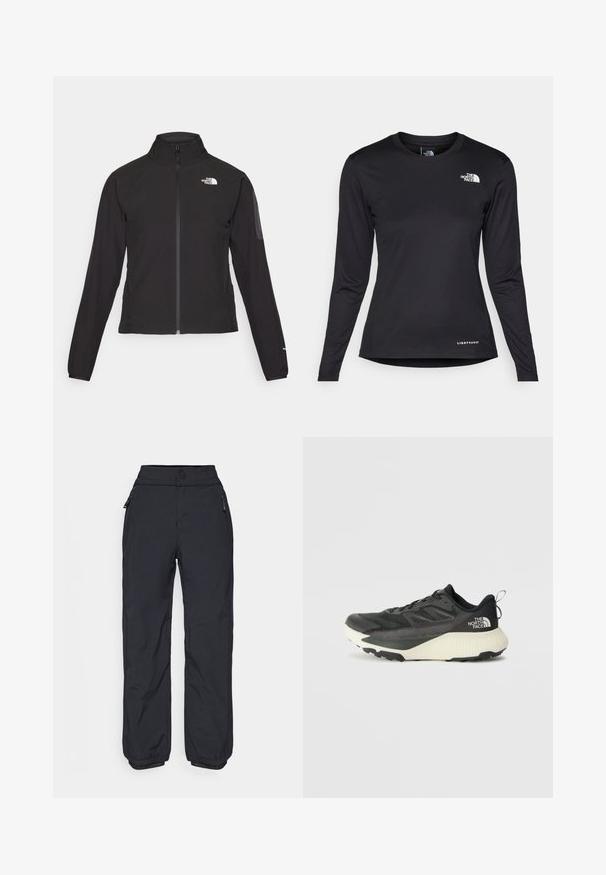 Čierna bunda na zips s vysokým golierom, textúrovanou tkaninou a logom na ľavej hrudi. Má dlhé rukávy a priliehavý strih.; The North Face SHADOW LONG SLEEVE - Top s dlhým rukávom - black; Čierne, nepremokavé nohavice so strihom rovného nohu, s bočnými vreckami na zips a elastickými manžetami na členkoch. Hladký povrch a odolný materiál.; Čierna atletická obuv s textúrovaným vrchom, s šedými akcentmi a bielou medzipodrážkou. Obsahuje pútko a výrazné logo značky na päte.