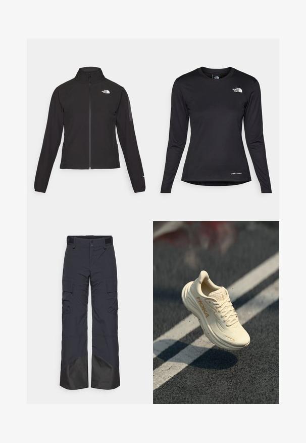 Črna zip-up jakna z visokim ovratnikom, teksturirano blago in logotipom na levem prsnem delu. Ima dolge rokave in prilega se.; The North Face SHADOW LONG SLEEVE - Majica z dolgimi rokavi - black; Temno sivi cargo hlače z dvojnimi gumbi, velcro pasom in ojačanimi črnimi spodnjimi deli. Imajo več stranskih žepov in ravno nogo.; Bela superga z teksturiranim zgornjim delom, zaobljenim noskom in debelim podplatom. Ima svetlo bež poudarke in vezalke, lebdi nad temno površino.