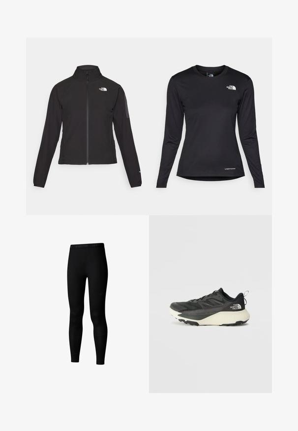 Svart zip-up jacka med hög krage, texturerat tyg och logotyp på vänster bröst. Har långa ärmar och en figursydd design.; The North Face SHADOW LONG SLEEVE - Långärmad tröja - black; The North Face W EASY TIGHTS - Tights - tnf black; Svart atletisk sko med en texturerad ovandel, med grå accenter och en vit mellanläggssula. Inkluderar en dragtab och en framträdande varumärkeslogotyp på hälen.