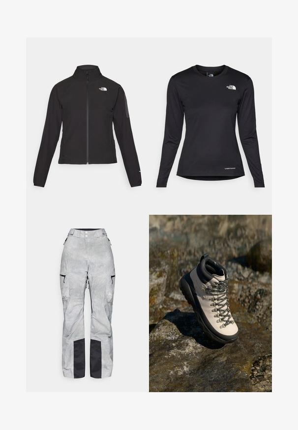 Svart zip-up jacka med hög krage, texturerat tyg och logotyp på vänster bröst. Har långa ärmar och en figursydd design.; The North Face SHADOW LONG SLEEVE - Långärmad tröja - black; Grå snöbyxor med rutigt mönster, med svarta detaljer, justerbar midja, dragkedjefickor och förstärkta svarta mudd.; Ljusbeige vandringskänga med svart gummisula, flexibel ovandel, metallöglor och grå snören, placerad på en stenig yta.
