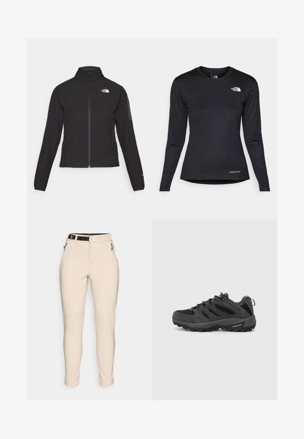 Mustmustabiga must jakk, millel on kõrge krae, tekstureeritud kangas ja logo vasakul rinnal. Omab pikki varrukaid ja sobivat disaini.; The North Face SHADOW LONG SLEEVE - Pikkade varrukatega topp - black; Beez, vormi sobivad püksid tekstuuriga kangast. Omaduseks must reguleeritav vöökoht ja tõmblukuga taskud külgedel.; Columbia REDMOND - Matkajalatsid - black/citron haze