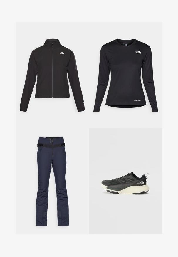 Zwarte zip-up jas met een hoge kraag, textuurstof en een logo op de linker borst. Beschikt over lange mouwen en een slim fit ontwerp.; The North Face SHADOW LONG SLEEVE - Longsleeve - black; Navy blauwe skibroek met een figuurvormend ontwerp, voorzien van een hoge tailleband, drie knopen, een ritssluiting aan de voorkant en twee zijzakken.; Zwarte sportieve schoen met een gestructureerde bovenkant, voorzien van grijze accenten en een witte tussenzool. Inclusief een trekhaak en een opvallend merklogo op de hiel.