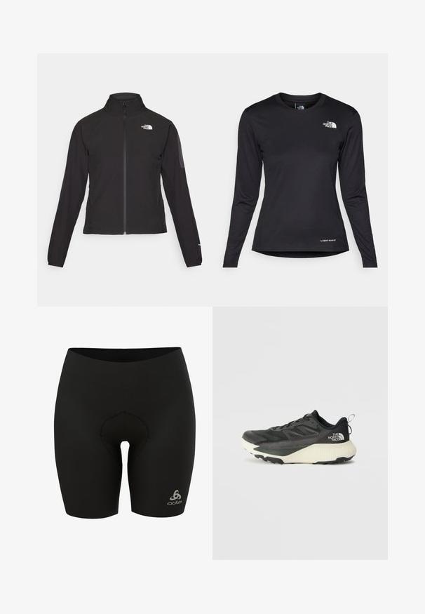 Zwarte zip-up jas met een hoge kraag, textuurstof en een logo op de linker borst. Beschikt over lange mouwen en een slim fit ontwerp.; The North Face SHADOW LONG SLEEVE - Longsleeve - black; Zwarte fietsshorts van rekbaar materiaal, met een gevoerde binnenkant, hoge tailleband en een klein logo aan de onderzijde rechts.; Zwarte sportieve schoen met een gestructureerde bovenkant, voorzien van grijze accenten en een witte tussenzool. Inclusief een trekhaak en een opvallend merklogo op de hiel.