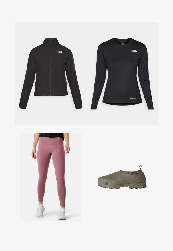 Giacca nera con zip e colletto alto, tessuto testurizzato e logo sul lato sinistro del petto. Presenta maniche lunghe e un design aderente.; The North Face SHADOW LONG SLEEVE - Maglietta a manica lunga - black; Leggings atletici rosa con vita alta, texture liscia e dettagli di cucitura minimi. Abbinati a sneakers bianche per creare contrasto.; The North Face BASE CAMP WP MULE - Scarpe senza lacci - mocha brown mocha brown