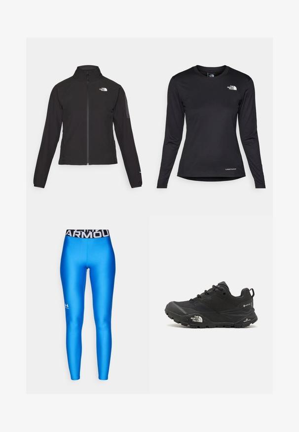 Svart zip-up jakke med høy krage, teksturert stoff, og logo på venstre bryst. Har lange ermer og en tettsittende design.; The North Face SHADOW LONG SLEEVE - Topper langermet - black; Blå treningstights med en glatt, blank tekstur; svart midjebånd med logoen "ARMOUR" i hvitt. Logoklistermerker på den nedre delen av benet.; Svart tursko med teksturert overdel, snøring og en kraftig gummisåle som har et fremtredende logo på siden og mønster i sålen.