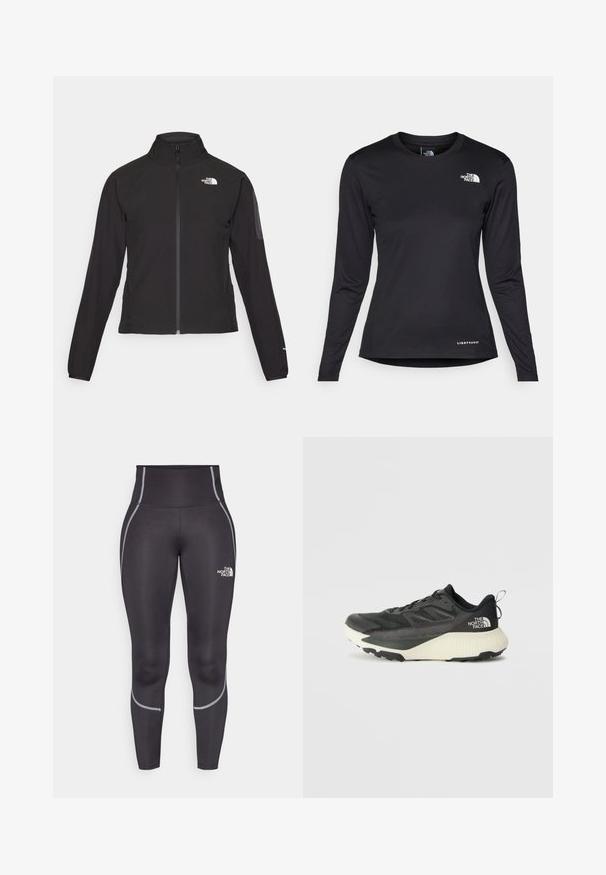 Casaco preto com fecho zip e gola alta, em tecido texturizado, com logo no lado esquerdo do peito. Apresenta mangas longas e um design ajustado.; The North Face SHADOW LONG SLEEVE - Camisola de manga comprida - black; Leggings pretos com uma cintura alta, feitos de um tecido elástico. Apresentam costuras brancas refletivas e um pequeno logótipo na parte da frente.; Shoe atlético preto com um cabedal texturizado, apresentando detalhes em cinza e uma entressola branca. Inclui uma alça e um logótipo da marca em destaque no calcanhar.