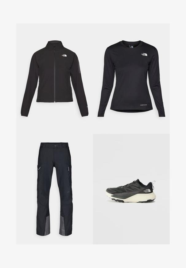 Juodas zip-up švarkas su aukšta apykakle, tekstūruotu audiniu ir logotipu kairėje krūtinės pusėje. Pasižymi ilgu rankovėmis ir prigludusia forma.; The North Face SHADOW LONG SLEEVE - Ilgarankovis viršutinės dalies drabužis - black; Juodos cargo kelnės iš patvarios medžiagos, su šoniniais kišenėmis, sutvirtintomis keliais ir pilkais akcentais ties apačia. Sukurtos lauko naudojimui.; Juodas sportinis batas su tekstūruota viršutine dalimi, su pilkomis detalėmis ir baltu viduriu. Apima pakėlimo juostelę ir ryškų prekės ženklo logotipą ant kulno.