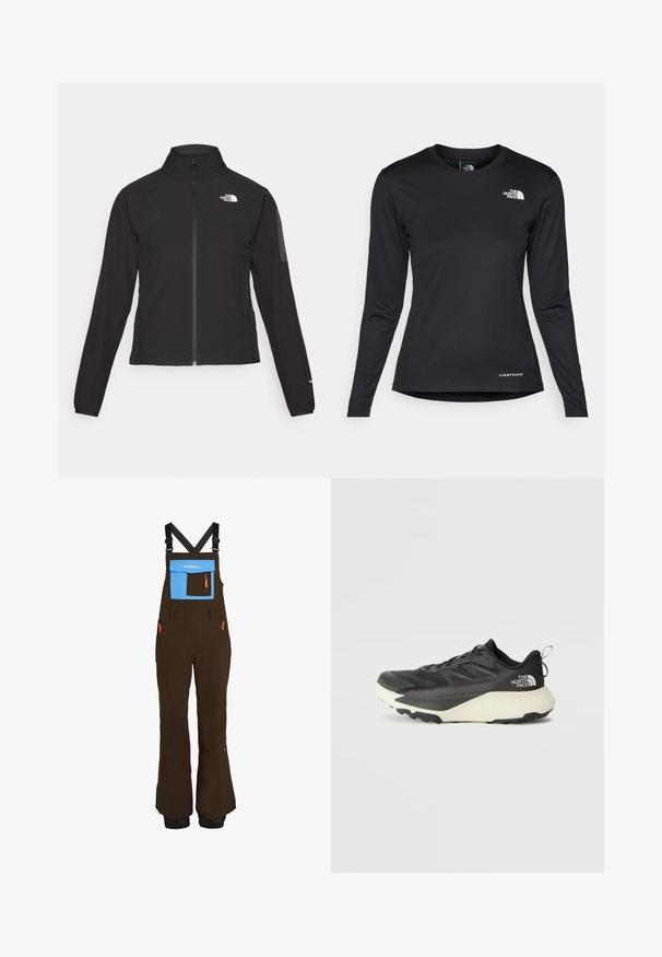 Zwarte zip-up jas met een hoge kraag, textuurstof en een logo op de linker borst. Beschikt over lange mouwen en een slim fit ontwerp.; The North Face SHADOW LONG SLEEVE - Longsleeve - black; Bruine skibroek met verstelbare zwarte banden, een blauwe borstzak, oranje ritsen en elastische boorden bij de enkels voor een strakke pasvorm.; Zwarte sportieve schoen met een gestructureerde bovenkant, voorzien van grijze accenten en een witte tussenzool. Inclusief een trekhaak en een opvallend merklogo op de hiel.