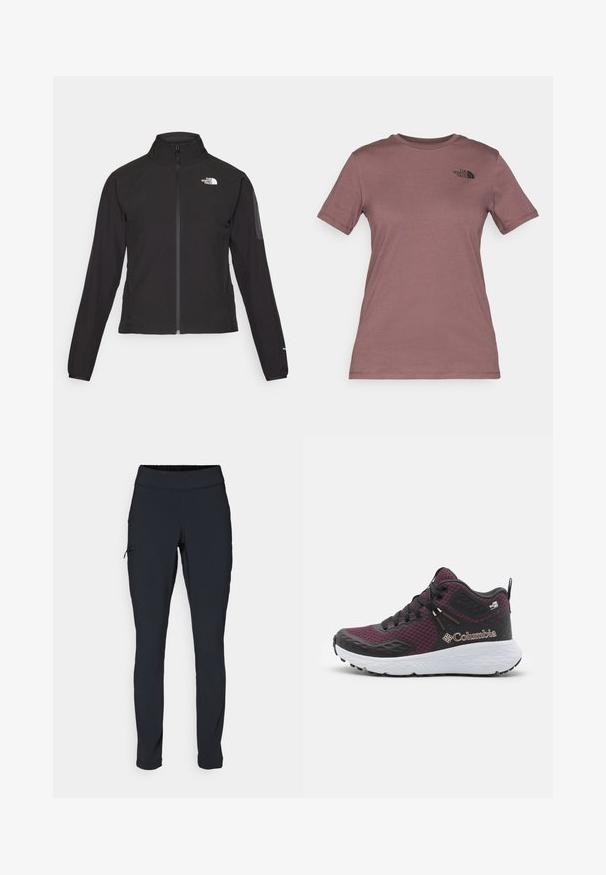 Črna zip-up jakna z visokim ovratnikom, teksturirano blago in logotipom na levem prsnem delu. Ima dolge rokave in prilega se.; Kratke rokave, majica s krojnim ovratnikom v zatemnjenem mauve odtenku, narejena iz mehkega materiala. Ima majhen črn logotip na zgornjem levem delu prsnega koša.; Črne športne hlače s slim fit krojem, elastičnim pasom in stransko žepom z zadrgo. Gladek, raztegljiv material z minimalnimi šivi.; Vijolično-črne atletske čevlje z mrežastim zgornjim delom z teksturo, oblazinjeno belo podplatom in izrazitim Columbia logotipom ob strani.
