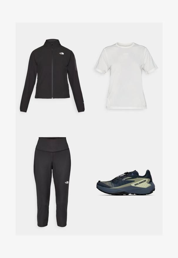 Melna ar rāvējslēdzēju aizdara jaka ar augstu apkakli, teksturētu audumu un logotipu kreisajā krūtī. Satur garas piedurknes un pieguļošu dizainu.; Balts īsām piedurknēm sporta režīms krekls ar apaļu kakla izgriezumu un mazu "Salomon" logotipu centrā uz krūtīm.; Melnas kapri legingu bikses, kas izgatavotas no elastīga auduma, ar augstu jostasvietu un mazu baltu logo kreisajā pusē. Gluda tekstūra.; Tumši zili un olīvzaļi taku skriešanas apavi ar melnu zoli, ātro sasiešanas sistēmu un "SALOMON" zīmolu uz sāniem.