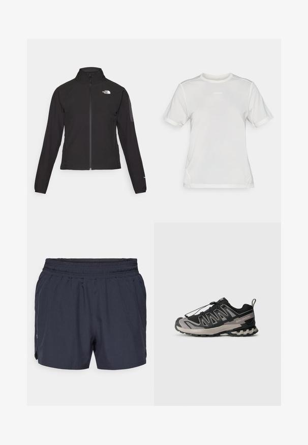 Black zip-up jacket with a high collar, textured fabric, and logo on the left chest. Features long sleeves and a fitted design.; White short-sleeve athletic mesh shirt with crew neck and small "Salomon" logo centered on the chest.; Navy blue athletic shorts with an elastic waistband, pleated design, and side pockets. Made from lightweight, breathable fabric.; Black and gray athletic shoe with mesh upper, rubber sole, and elastic lace system. Features a reinforced toe and textured accents.