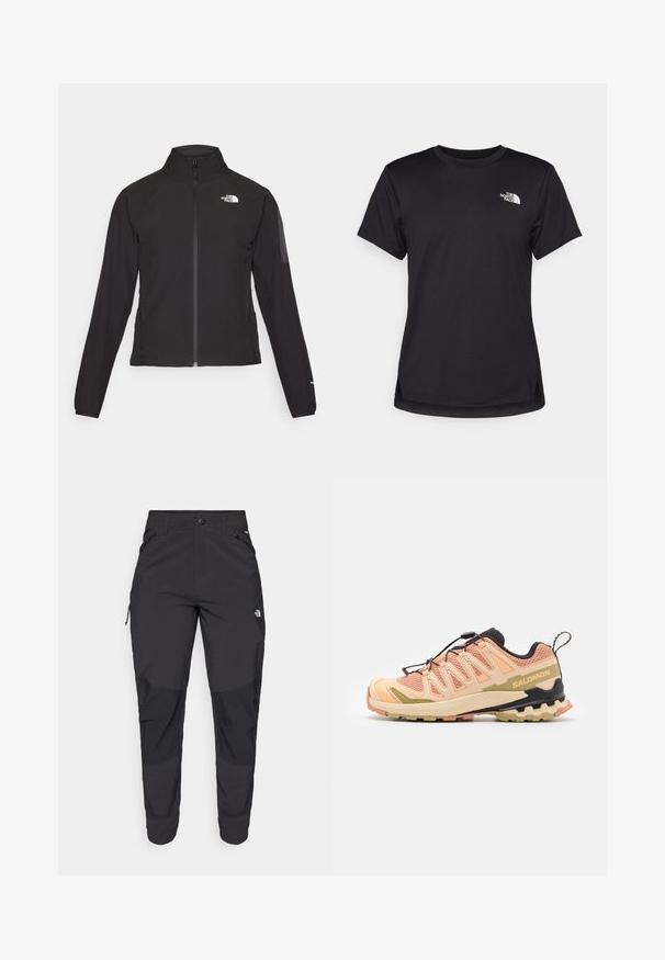 Veste noire zippée avec un col haut, tissu texturé et logo sur la poitrine gauche. Elle possède des manches longues et une coupe ajustée.; The North Face FLEX SHORT SLEEVES TEE - T-shirt de sport - black; Pantalons noirs d'extérieur en tissu durable. Dotés de poches zippées, de panneaux de genoux renforcés et d'une coupe droite pour une meilleure mobilité.; Chaussure de trail de Salomon en rose et beige avec une tige en mesh texturé, une semelle flexible, un design de talon distinctif et des accents réfléchissants.