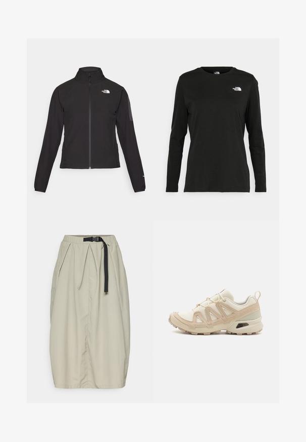 Juodas zip-up švarkas su aukšta apykakle, tekstūruotu audiniu ir logotipu kairėje krūtinės pusėje. Pasižymi ilgu rankovėmis ir prigludusia forma.; Juodas ilgomis rankovėmis medvilninis marškinėliai su apvali apykakle. Savybė - mažas baltas logotipas kairėje krūtinės pusėje. Paprastas dizainas ir pritaikymas.; Jack Wolfskin TIHAMA SKIRT - Sportinis sijonas - stone; Bežinės ir kreminės spalvos sportinės bateliai su tekstūruoto tinklelio viršutine dalimi, palaikančiomis detalėmis ir guminiais padais, turinčiais raštą, užtikrinantį sukibimą.