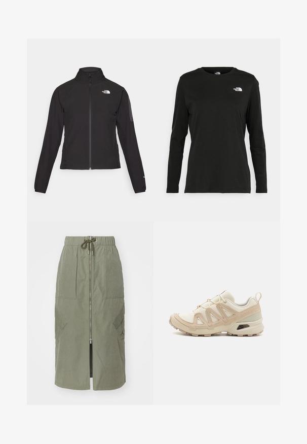 Fekete, cipzáros dzseki magas gallérral, texturált anyagból, bal mellen logóval. Hosszú ujjak és testhezálló fazon jellemzi.; Fekete, hosszú ujjú póló pamutból, kerek nyakkal. A bal mellrészen egy kis fehér logó található. Egyszerű dizájn és szabás.; Olívazöld midi szoknya, könnyű anyagból készült, elöl cipzárral, rugalmas derékkal és nagy oldalsó zsebekkel, amelyek szögletes fedéllel rendelkeznek.; Beige és krém színű sportcipő, texturált hálós felsőrésszel, támogató burkolattal és gumitalppal, amely tapadás érdekében bordázott mintázattal rendelkezik.