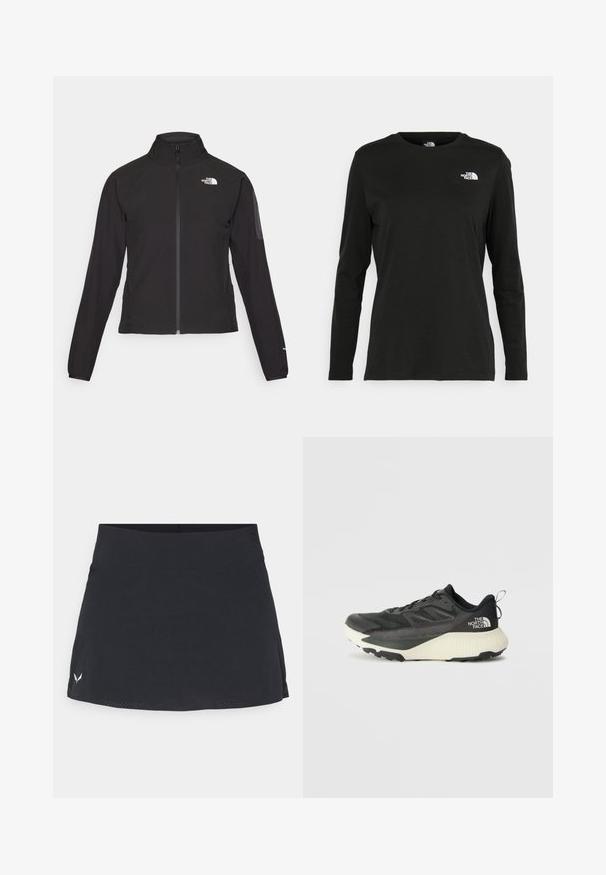 Chaqueta negra con cremallera y cuello alto, de tela texturizada, y logo en el lado izquierdo del pecho. Con mangas largas y un diseño ajustado.; Camiseta de manga larga negra de algodón con cuello redondo. Presenta un pequeño logotipo blanco en la parte izquierda del pecho. Diseño y ajuste simples.; Falda atlética negra con una tela texturizada y transpirable. Presenta una cinturilla lisa y sutiles aberturas laterales para facilitar el movimiento.; Zapatilla deportiva negra con parte superior texturizada, que presenta acentos grises y una entresuela blanca. Incluye una lengüeta y un logotipo de la marca destacado en el talón.