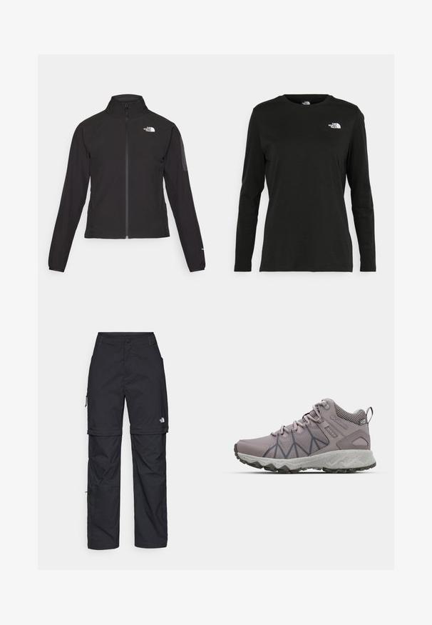 Melna ar rāvējslēdzēju aizdara jaka ar augstu apkakli, teksturētu audumu un logotipu kreisajā krūtī. Satur garas piedurknes un pieguļošu dizainu.; Melnas garām piedurknēm T-krekls, izgatavots no kokvilnas ar apaļu kaklu. Tam ir mazs balts logo kreisajā krūtīs. Vienkāršs dizains un piegulums.; Melni nailona bikses ar noņemamām kājām, regulējamiem uzmavām, vairākām kabatām un logotipu uz labās kājas. Gluda, viegla tekstūra.; Gaiši violeta pārgājienu apavi ar tīkla un sintētisku augšdaļu, ar teksturētiem rakstiem uz sāniem, mīkstināta starpzole un izturīga gumijas zole.