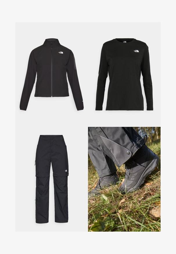 Giacca nera con zip e colletto alto, tessuto testurizzato e logo sul lato sinistro del petto. Presenta maniche lunghe e un design aderente.; T-shirt nera a maniche lunghe in cotone con colletto rotondo. Presenta un piccolo logo bianco sul lato sinistro del petto. Design semplice e vestibilità comoda.; Pantaloni cargo in nylon nero con zip rimovibile, polsini regolabili, molteplici tasche e un logo sulla gamba destra. Tessuto liscio e leggero.; Scarpe da trekking nere impermeabili con tessuto texturizzato e suole in gomma, accompagnate da pantaloni grigi con dettagli a pressione, posati su un terreno erboso con foglie.