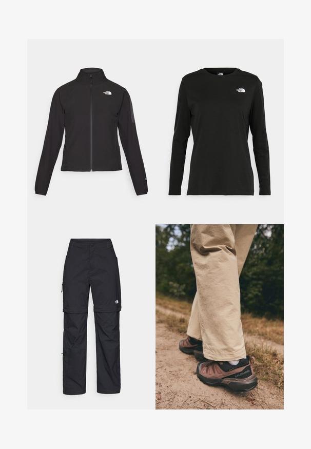 Chaqueta negra con cremallera y cuello alto, de tela texturizada, y logo en el lado izquierdo del pecho. Con mangas largas y un diseño ajustado.; Camiseta de manga larga negra de algodón con cuello redondo. Presenta un pequeño logotipo blanco en la parte izquierda del pecho. Diseño y ajuste simples.; Pantalones cargo de nailon negro con cremallera desmontable, puños ajustables, múltiples bolsillos y un logotipo en la pierna derecha. Textura suave y ligera.; Salomon X ULTRA 360 LTR GORE TEX - Zapatillas de senderismo - cognac/peppercorn/black