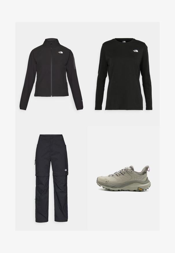 Černá zipová bunda s vysokým límcem, texturovaná tkanina a logo na levé hrudi. Má dlouhé rukávy a přiléhavý design.; Černé tričko s dlouhým rukávem vyrobené z bavlny s kulatým výstřihem. Na levé části hrudi se nachází malé bílé logo. Jednoduchý design a střih.; Černé nylonové cargo kalhoty na zip s nastavitelnými manžetami, několika kapsami a logem na pravé noze. Hladká, lehká textura.; HOKA KAHA 2 LOW GTX - Trekingové boty - slate/barley