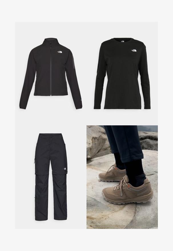 Veste noire zippée avec un col haut, tissu texturé et logo sur la poitrine gauche. Elle possède des manches longues et une coupe ajustée.; T-shirt noir à manches longues en coton avec un col rond. Présente un petit logo blanc sur la partie gauche de la poitrine. Design et coupe simples.; Pantalons cargo en nylon noir, à zip amovible, avec chevilles ajustables, plusieurs poches et un logo sur la jambe droite. Texture lisse et légère.; Chaussures de randonnée beige en suède et en maille avec des accents gris et des œillets orange vif. Marque Gore-Tex visible sur le côté.