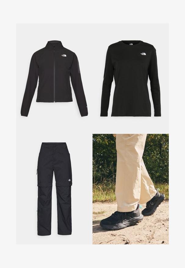 Mustmustabiga must jakk, millel on kõrge krae, tekstureeritud kangas ja logo vasakul rinnal. Omab pikki varrukaid ja sobivat disaini.; Must mustahiheline T-särk, millel on pikad varrukad, valmistatud puuvillast ja ümarast kaelusest. Vasakul rinnal on väike valge logo. Lihtne disain ja sobivus.; Mustad nailonist valmistatud eemaldatavad cargo-püksid, reguleeritavate pahkluudega, mitmete taskutega ja paremal jalal logoga. Sile, kerge tekstuur.; Mustad mustikõndimise tossud mustas värvitoonis, tekstuurse ülemise osaga, paeltega kinni seotud ja paksu tallaga, millel on Vibram'i logo. Kandmiseks heledate pükstega.