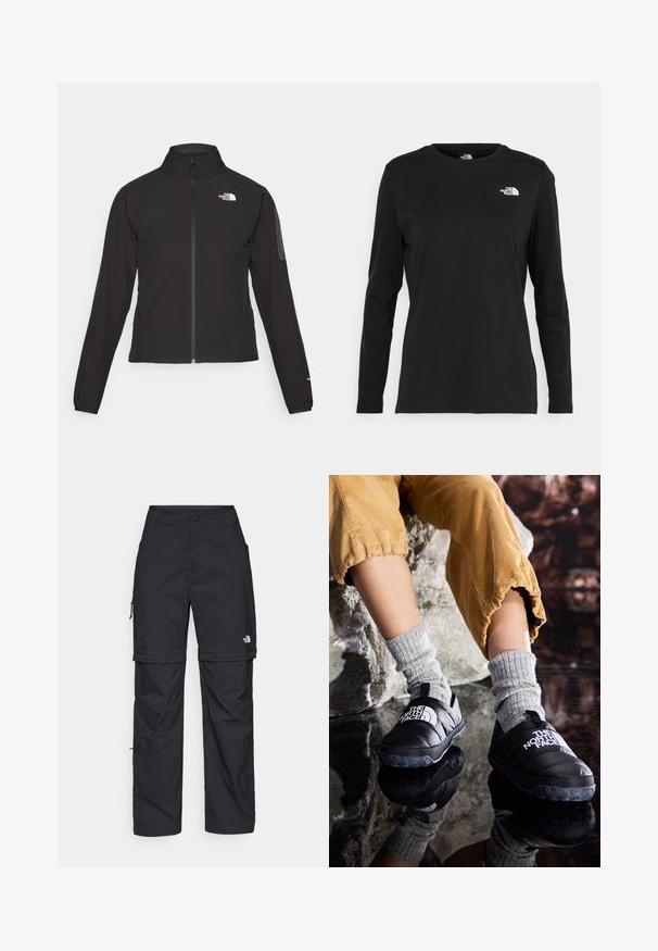 Fekete, cipzáros dzseki magas gallérral, texturált anyagból, bal mellen logóval. Hosszú ujjak és testhezálló fazon jellemzi.; Fekete, hosszú ujjú póló pamutból, kerek nyakkal. A bal mellrészen egy kis fehér logó található. Egyszerű dizájn és szabás.; Fekete nylon zipzáras cargo nadrág állítható mandzsettával, több zsebbel és logóval a jobb lábon. Simább, könnyű textúra.; Fekete, szigetelt, könnyen felhúzható cipők, texturált talppal és fehér logóval, szürke kötött zoknikkal viselve, ribbelt mustárszínű nadrággal párosítva.