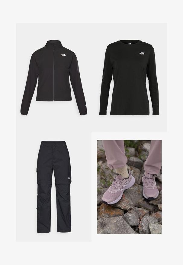 Svart zip-up jakke med høy krage, teksturert stoff, og logo på venstre bryst. Har lange ermer og en tettsittende design.; Svart langermet T-skjorte laget av bomull med rund hals. Har en liten hvit logo på venstre brystområde. Enkelt design og passform.; Svarte nylon cargo-bukser med glidelås og justerbare mansjetter, flere lommer og en logo på høyre bein. Glatt, lett tekstur.; adidas Terrex TRACEFINDER TRAIL RUNNING SHOES - Løpesko for mark - preloved fig/silver dawn/aurora black