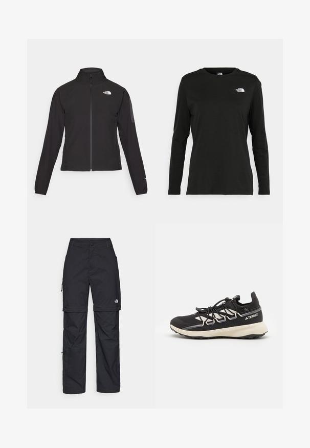 Casaco preto com fecho zip e gola alta, em tecido texturizado, com logo no lado esquerdo do peito. Apresenta mangas longas e um design ajustado.; T-shirt preto de mangas longas, feito de algodão, com decote redondo. Apresenta um pequeno logótipo branco na área esquerda do peito. Design simples e ajuste confortável.; Calças cargo pretas em nylon com fechos de correr removíveis, punhos ajustáveis, múltiplos bolsos e um logótipo na perna direita. Textura suave e leve.; Sapatilha atlética preta com um cabedal texturizado, detalhes em branco contrastantes, sola moldada e cadarços elásticos. Apresenta um logotipo impresso no calcanhar.