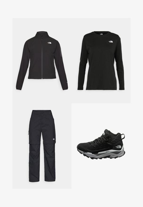 Czarna kurtka zapinana na zamek z wysokim kołnierzem, teksturowana tkanina i logo na lewej piersi. Posiada długie rękawy i dopasowany krój.; Czarna koszulka z długim rękawem z bawełny z okrągłym dekoltem. Posiada niewielkie białe logo po lewej stronie na piersi. Prosty design i fason.; Czarne nylonowe spodnie cargo z odpinanymi nogawkami, regulowanymi mankietami, wieloma kieszeniami oraz logo na prawej nogawce. Gładka, lekka tekstura.; Czarne buty trekkingowe z teksturowanym wierzchem, szarym śródsołem i gumową podeszwą z wyraźnymi wzorami trakcji. Sznurowany fason z wyściełanym kołnierzem.