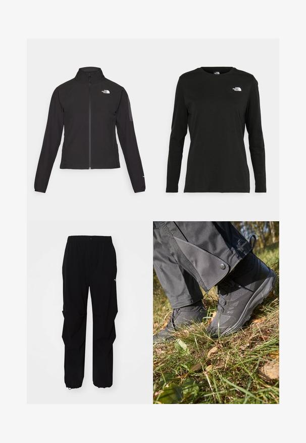 Czarna kurtka zapinana na zamek z wysokim kołnierzem, teksturowana tkanina i logo na lewej piersi. Posiada długie rękawy i dopasowany krój.; Czarna koszulka z długim rękawem z bawełny z okrągłym dekoltem. Posiada niewielkie białe logo po lewej stronie na piersi. Prosty design i fason.; Czarne spodnie na świeżym powietrzu wykonane z wytrzymałego materiału, z luźnym krojem, elastycznym pasem i ściągaczami przy mankietach, umożliwiającymi regulację długości.; Czarne wodoodporne buty trekkingowe z teksturowanej tkaniny i gumowymi podeszwami, obok szarych spodni z detalem na zatrzask, ułożone na trawie z liśćmi.
